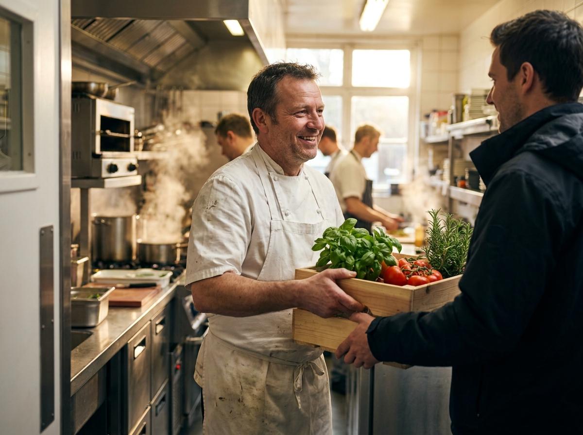 Un chef reçoit une cagette de tomates et d'herbes fraîches