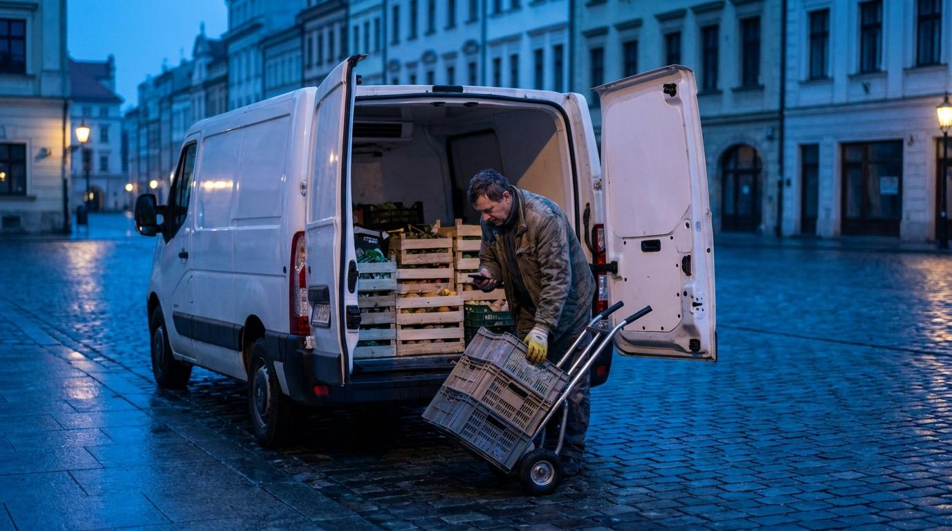 Un chauffeur charge des cagettes dans une camionnette réfrigérée au petit matin