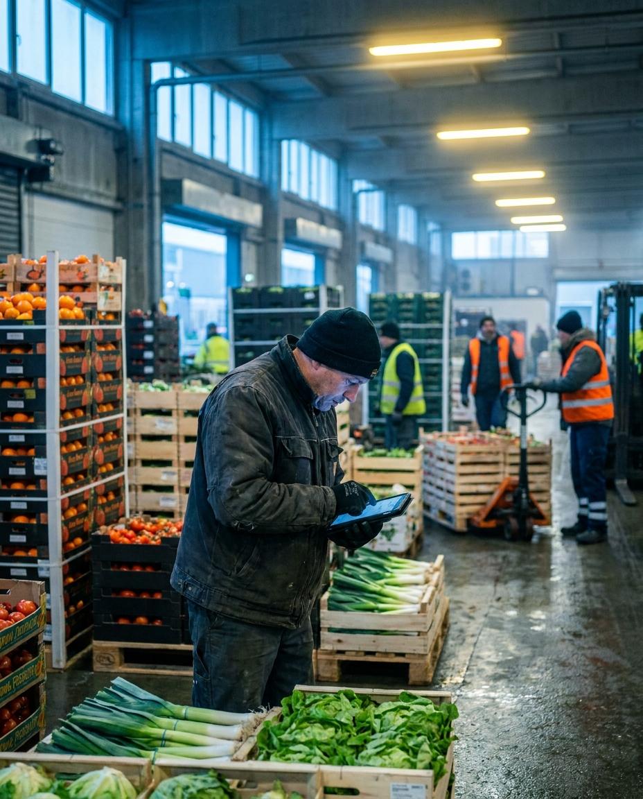 Un grossiste vérifie ses commandes sur une tablette dans un marché de gros, à l'aube
