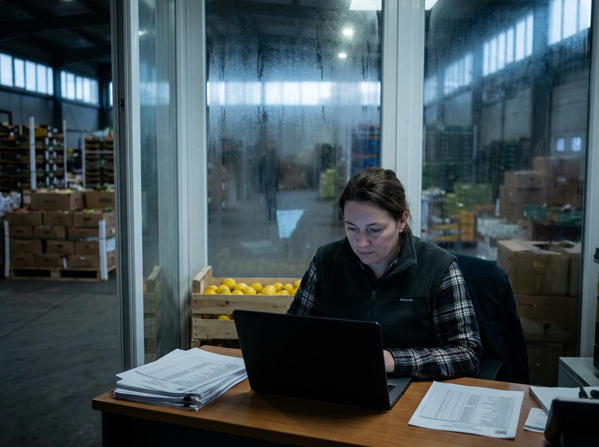 Une responsable prépare son catalogue sur un ordinateur portable dans le bureau d'un entrepôt