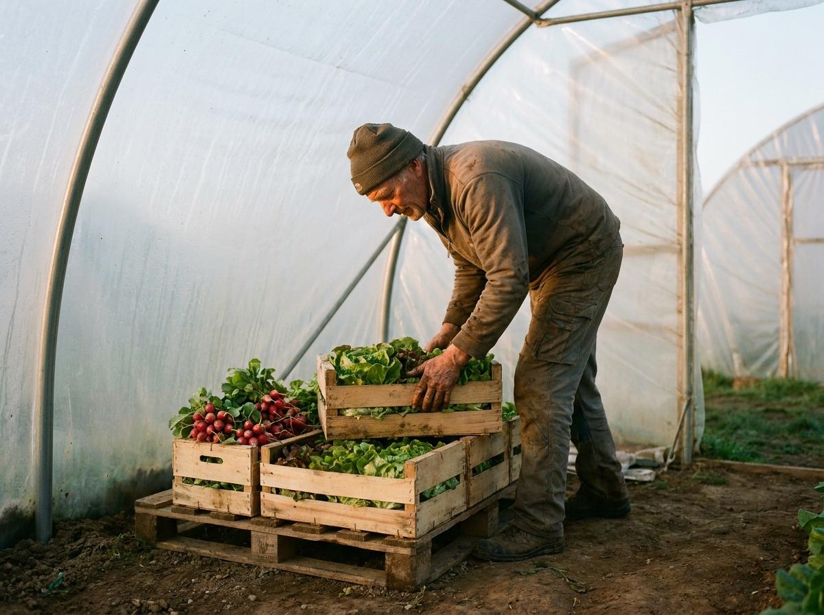Un maraîcher empile des cagettes de salades sous une serre