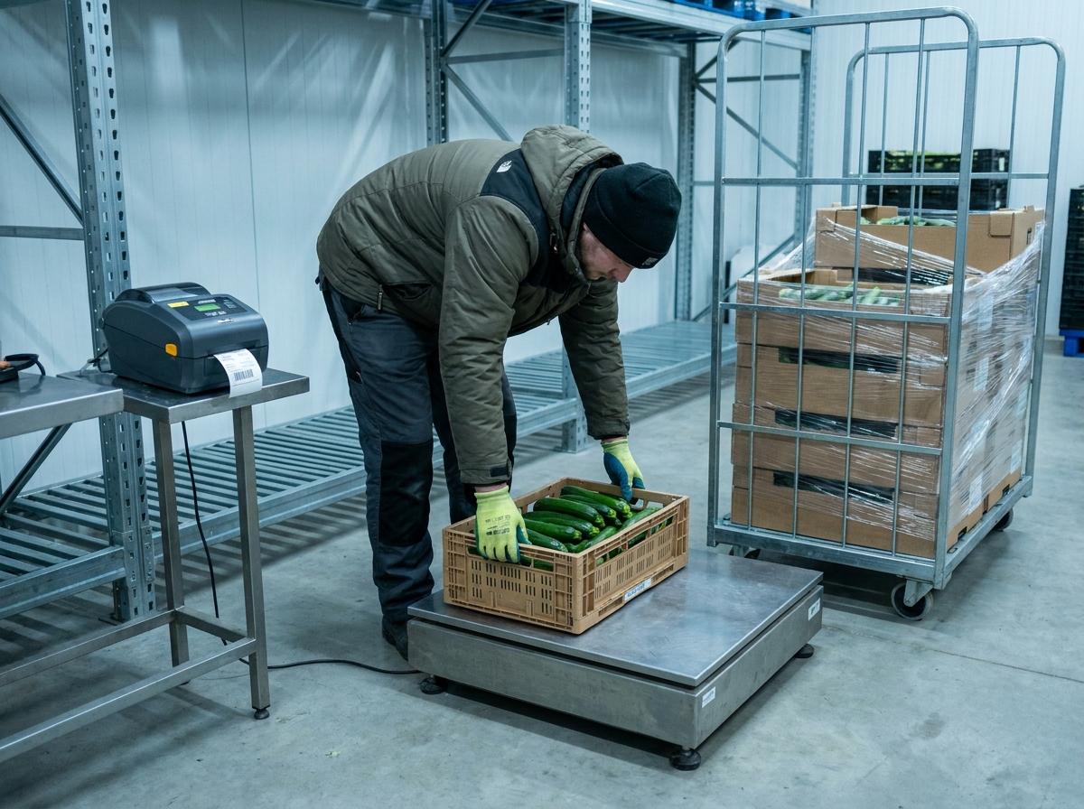 Un préparateur pèse une caisse de courgettes dans un entrepôt frigorifique